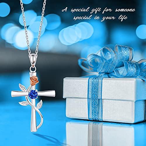 【並行輸入品】BlingGem クロスネックレス レディース 925スターリングシルバー 誕生石ネックレス ローズクロスペンダント 5A キュー