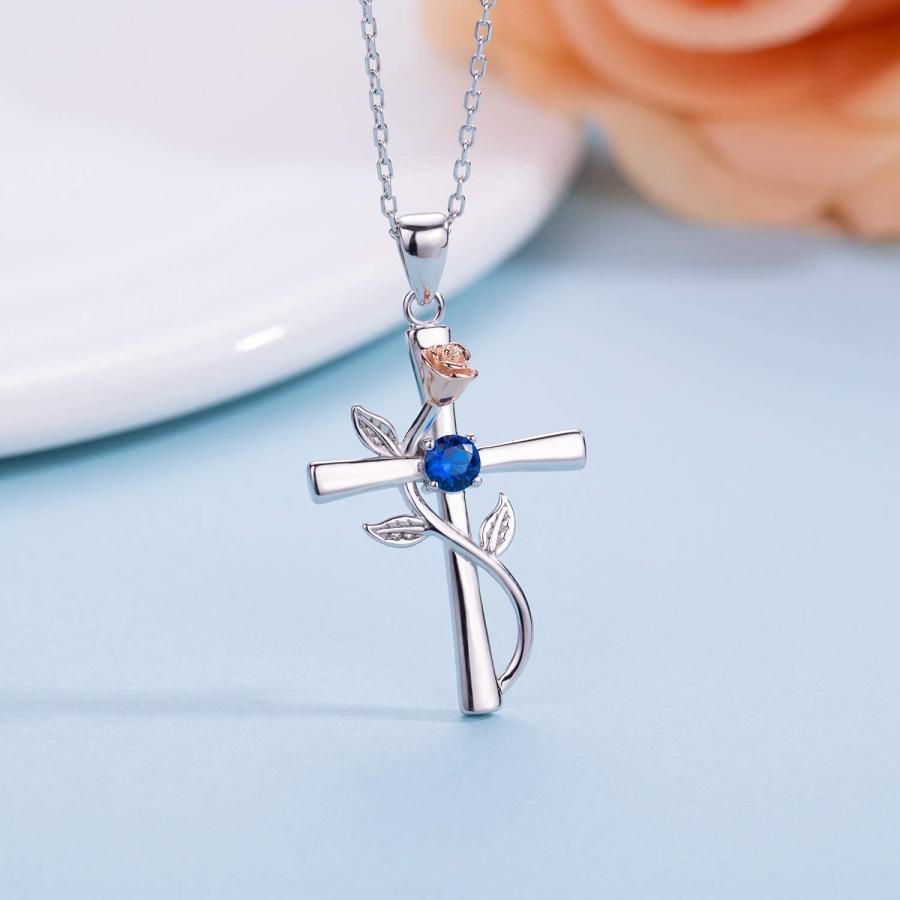 【並行輸入品】BlingGem クロスネックレス レディース 925スターリングシルバー 誕生石ネックレス ローズクロスペンダント 5A キュー