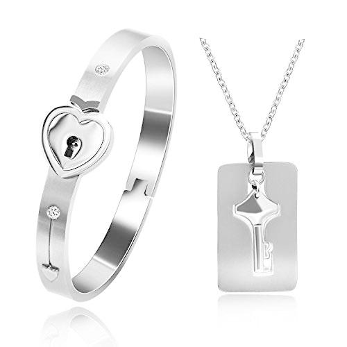【並行輸入品】Uloveido ローズゴールドメッキ チタン マッチングパズル カップル ハートロック ブレスレットとキーペンダントネックレス