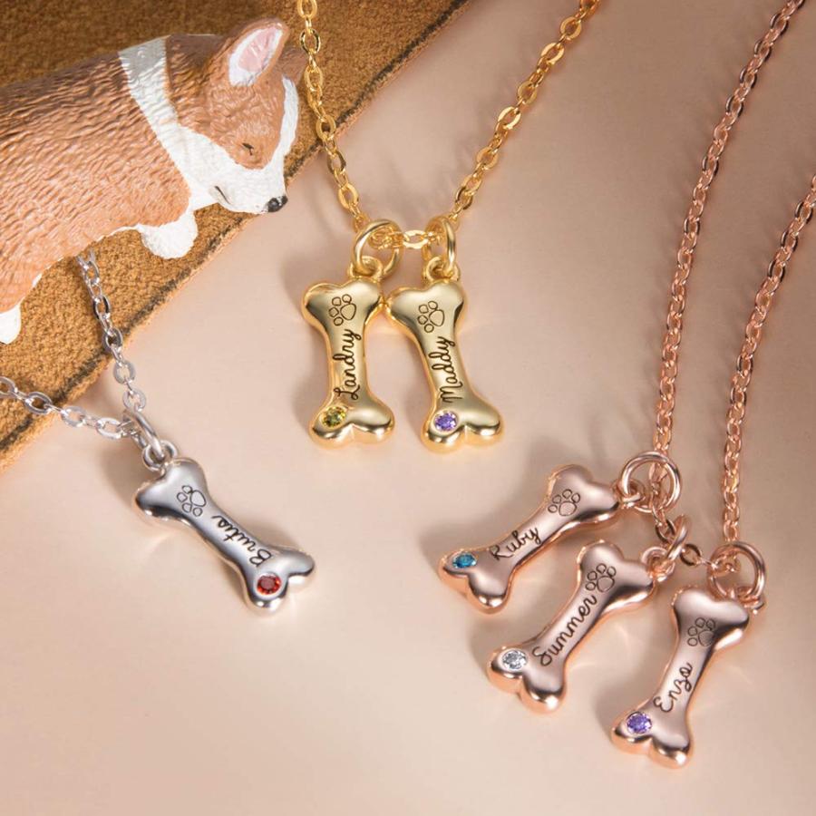 【並行輸入品】AILIN カスタム 子犬 骨ネックレス 925スターリングシルバー 名前入り 犬の肉球プリント 誕生石ペンダント ペット愛好家