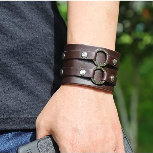 並行輸入品】ブラック ブラウン レザー カフブレスレット メンズ