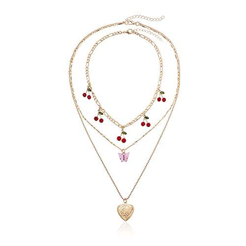 【並行輸入品】レイヤードハートロケットペンダントネックレスセット レディース ガールズ かわいいチャーム アクリル 蝶 エナメル チェリーフルー_1