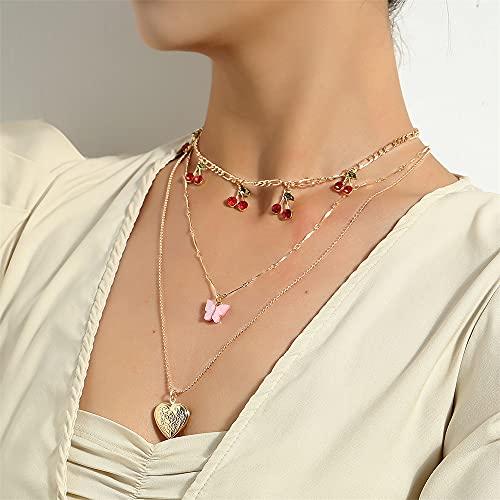 【並行輸入品】レイヤードハートロケットペンダントネックレスセット レディース ガールズ かわいいチャーム アクリル 蝶 エナメル チェリーフルー_7