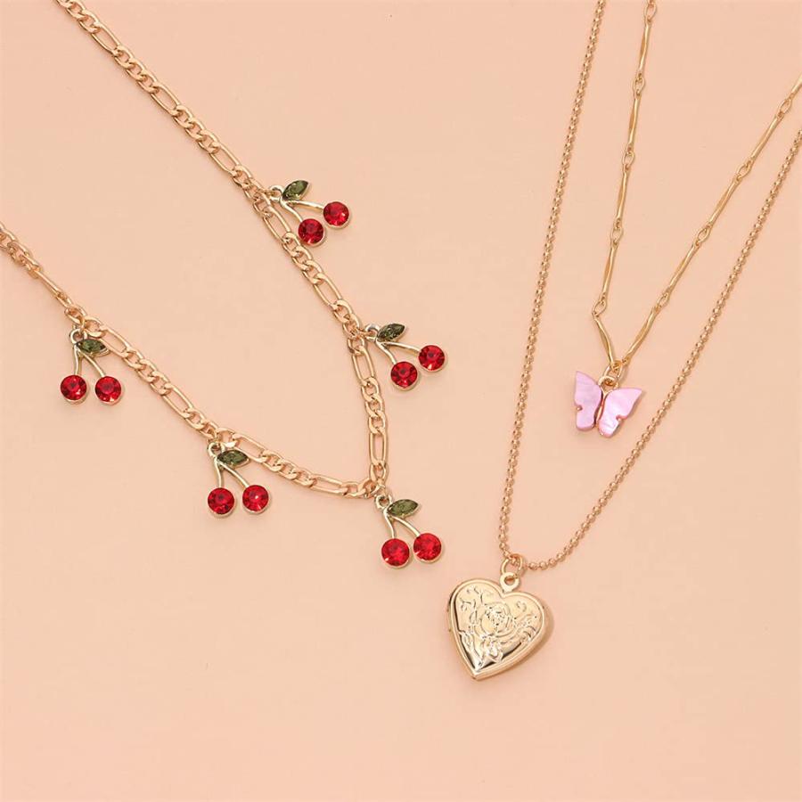 【並行輸入品】レイヤードハートロケットペンダントネックレスセット レディース ガールズ かわいいチャーム アクリル 蝶 エナメル チェリーフルー_9