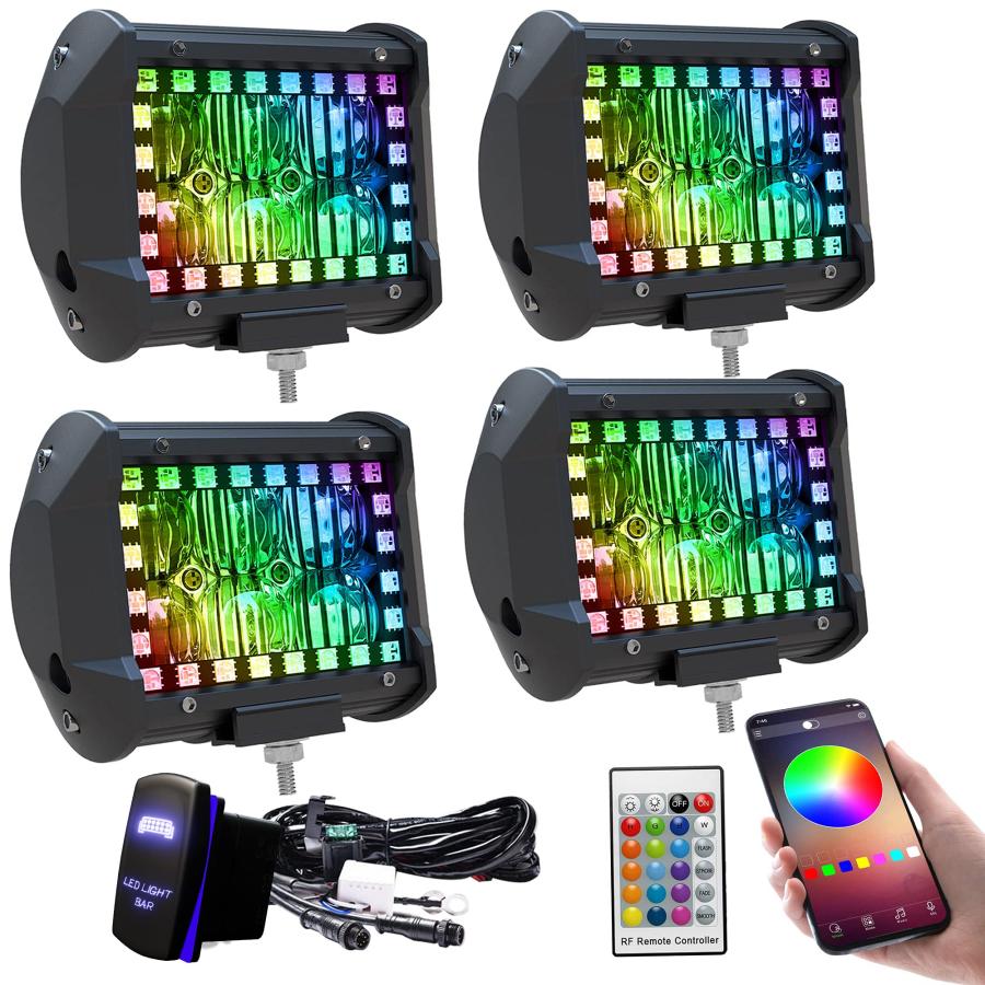 【並行輸入品】FEELON 4インチ LEDフラッドワークライトバー マルチカラーチェイシングRGBヘイロー 16色 92以上の点滅モード オフの画像