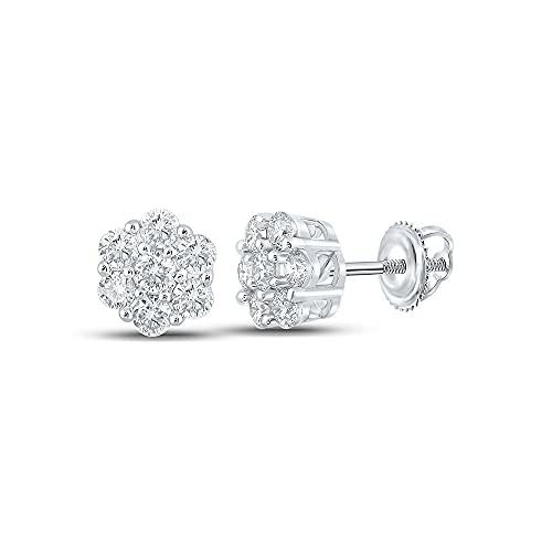 【並行輸入品】10kt White Gold Mens Round Diamond Flower Cluster Earrings 1/2 Cの画像