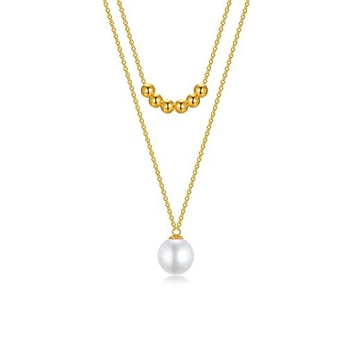 【並行輸入品】14K 純金 淡水パール レイヤードネックレス レディース ゴールドビーズボール ケーブルチェーン チョーカー ペンダント ジュエ_1