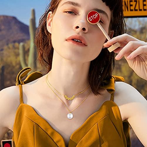 【並行輸入品】14K 純金 淡水パール レイヤードネックレス レディース ゴールドビーズボール ケーブルチェーン チョーカー ペンダント ジュエ_4