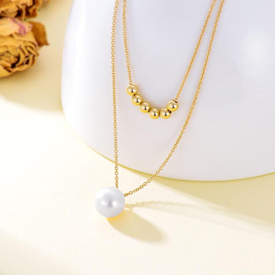 【並行輸入品】14K 純金 淡水パール レイヤードネックレス レディース ゴールドビーズボール ケーブルチェーン チョーカー ペンダント ジュエ_6