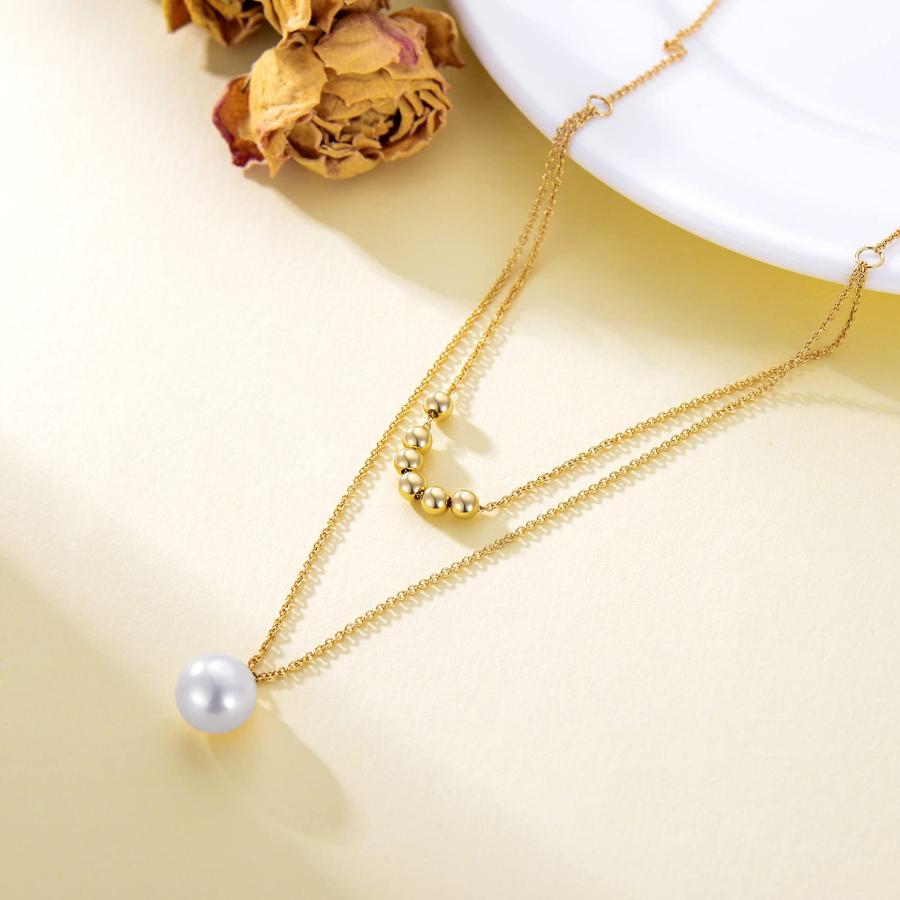 【並行輸入品】14K 純金 淡水パール レイヤードネックレス レディース ゴールドビーズボール ケーブルチェーン チョーカー ペンダント ジュエ_9