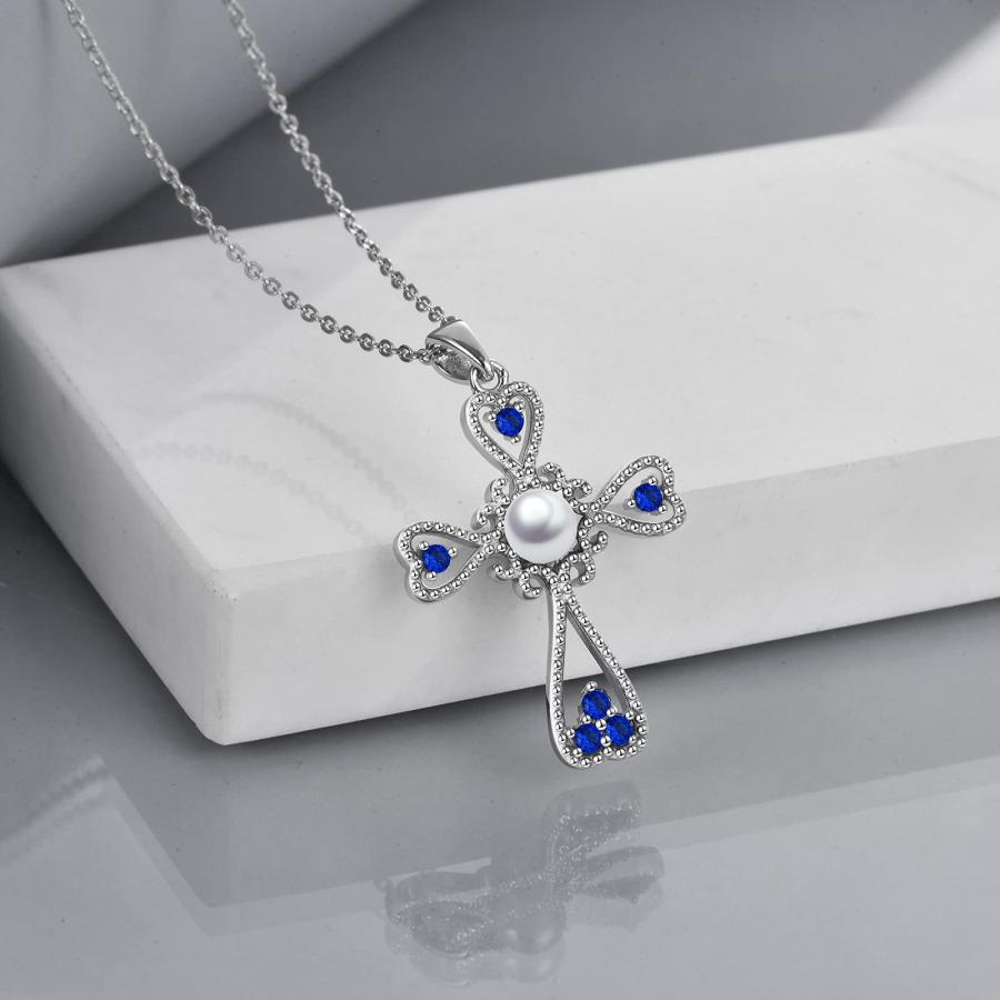 【並行輸入品】YAFEINI ヴィンテージ クロス ペンダント ネックレス 5mm 淡水養殖真珠 スターリングシルバー キュービックジルコニアの画像