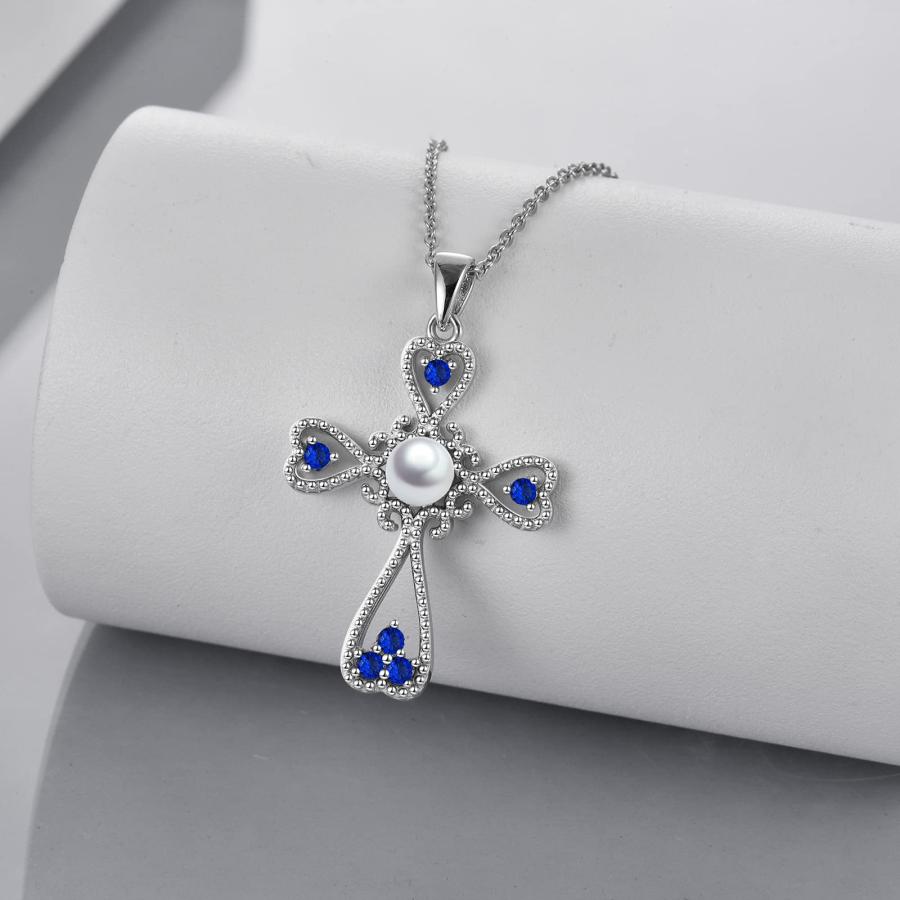 【並行輸入品】YAFEINI ヴィンテージ クロス ペンダント ネックレス 5mm 淡水養殖真珠 スターリングシルバー キュービックジルコニアの画像