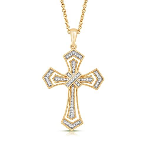 【並行輸入品】Jewelili ゴールドメッキシルバー&スターリングシルバー 1/5カラット 天然ホワイトラウンドダイヤモンド クロスペンダント_1