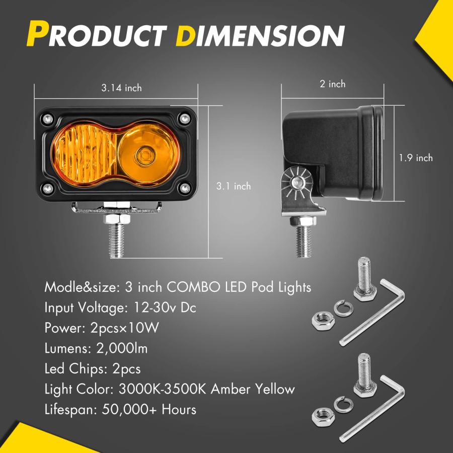 【並行輸入品】ANGU OFFROAD アンバー LED コンボ ポッドライト 2個 3インチ CREE LED フォグライト 40W イエロー_3