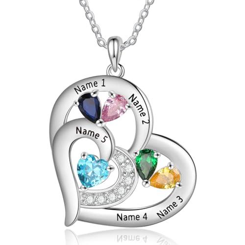 【並行輸入品】Jewelstruck パーソナライズ ラブハートペンダントネックレス 1~6個の名前の刻印 誕生石ネックレス レディース 母 妻