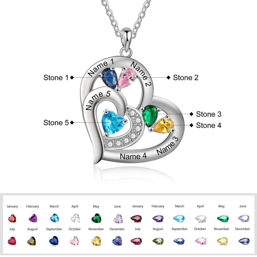 【並行輸入品】Jewelstruck パーソナライズ ラブハートペンダントネックレス 1~6個の名前の刻印 誕生石ネックレス レディース 母 妻
