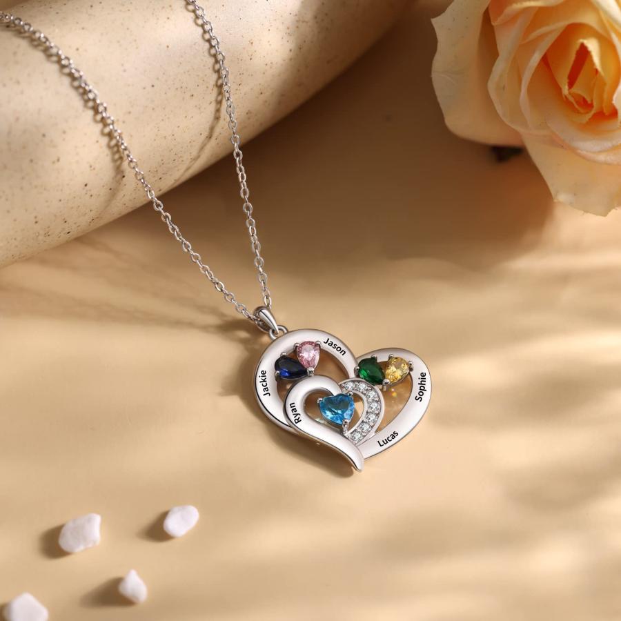 【並行輸入品】Jewelstruck パーソナライズ ラブハートペンダントネックレス 1~6個の名前の刻印 誕生石ネックレス レディース 母 妻