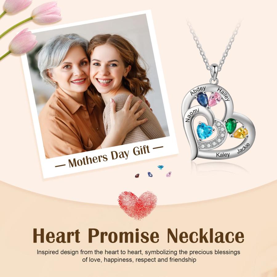 【並行輸入品】Jewelstruck パーソナライズ ラブハートペンダントネックレス 1~6個の名前の刻印 誕生石ネックレス レディース 母 妻