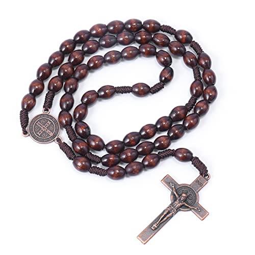 【並行輸入品】Nazareth Store 聖ベネディクト 木製ビーズ ロザリオネックレス コードビーズ カトリックロザリオ 聖人メダル ブロン_4
