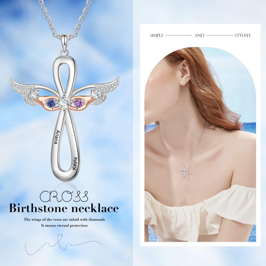 【並行輸入品】lagofit Personalizd 1 5 Names Angel Wings Cross Necklace for Wom
