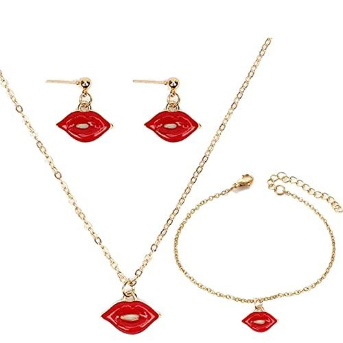 【並行輸入品】レッド リップ ネックレス ペンダント 口 キス 唇 ブレスレット リップ ダングル スタッド イヤリング セット レディース ガの画像