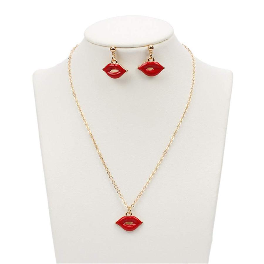 【並行輸入品】レッド リップ ネックレス ペンダント 口 キス 唇 ブレスレット リップ ダングル スタッド イヤリング セット レディース ガの画像