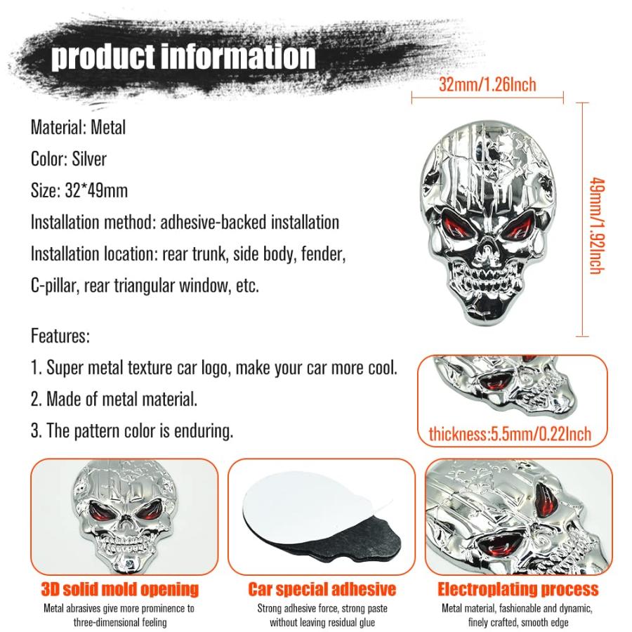 【並行輸入品】NAWPHEKI 2 Pack 3D Skull Emblems Strong Adhesive Metal USA Flagの画像