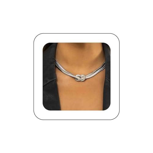 【並行輸入品】Sttiafay パンク ダブルレイヤー スネークチェーン チョーカーネックレス シルバーノット ヘリンボーンチェーンネックレス_1