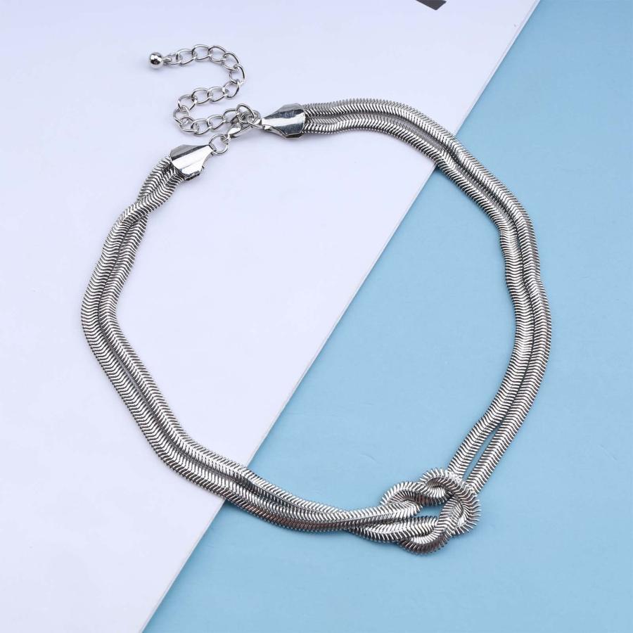 【並行輸入品】Sttiafay パンク ダブルレイヤー スネークチェーン チョーカーネックレス シルバーノット ヘリンボーンチェーンネックレス_9
