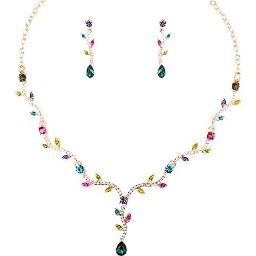 【並行輸入品】QYJ オーストリア クリスタル ラインストーン 花嫁 花 葉 ネックレス ダングル イヤリング セット ウェディング パーティーの画像