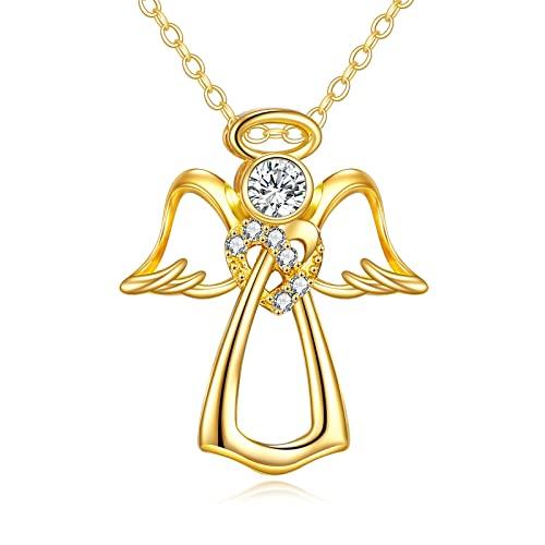【並行輸入品】KECHO 14K / 18K イエローゴールド 守護天使ネックレス ハート クリスタル 天使の翼 ペンダント ネックレス 女性_1