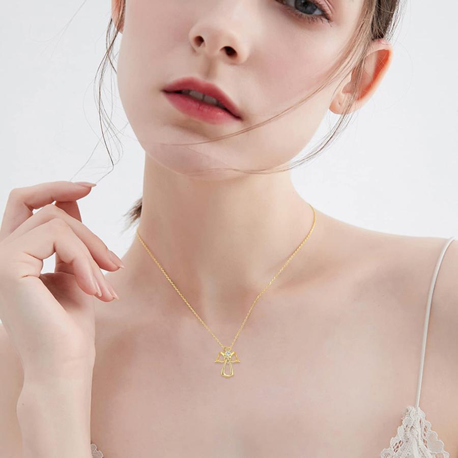 【並行輸入品】KECHO 14K / 18K イエローゴールド 守護天使ネックレス ハート クリスタル 天使の翼 ペンダント ネックレス 女性_3