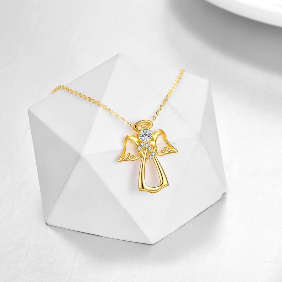 【並行輸入品】KECHO 14K / 18K イエローゴールド 守護天使ネックレス ハート クリスタル 天使の翼 ペンダント ネックレス 女性_6