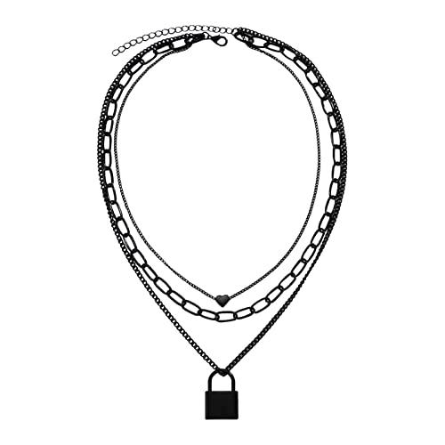 【並行輸入品】Multi Layer Punk Necklace for Women Lock Pendant Necklace Heat P_1