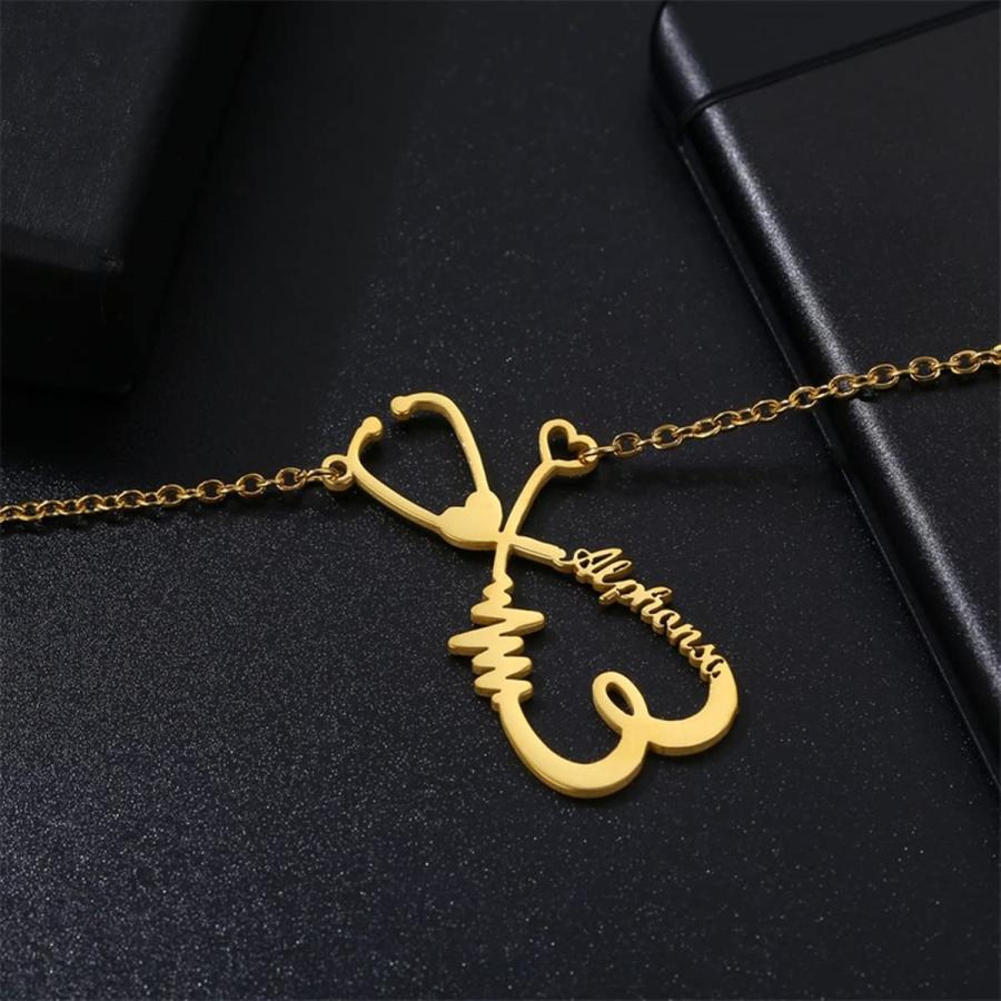 【並行輸入品】Aihpos Name Necklace Stethoscope Pendant Necklace for Women Yellの画像