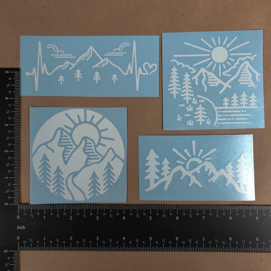 【並行輸入品】Mountain Decals 4枚パック:山 ハートビート 太陽 山 木 山 漫画 デカール サークル 山 (S ~3.5インチの画像