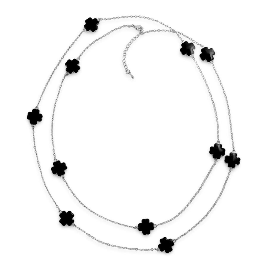 【並行輸入品】[Bling Jewelry] 黒い花の長い銀メッキパールエナメル駅チェーンラップレイヤークローバーネックレス女性用40インチ B_3