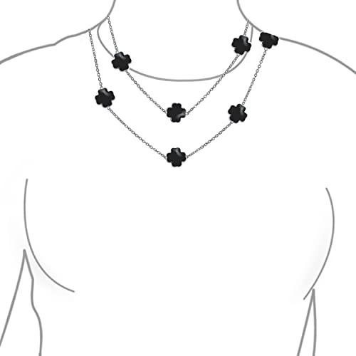 【並行輸入品】[Bling Jewelry] 黒い花の長い銀メッキパールエナメル駅チェーンラップレイヤークローバーネックレス女性用40インチ B_7