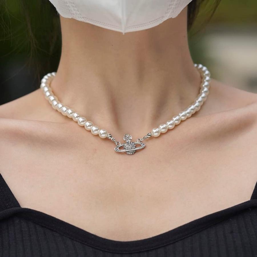 【並行輸入品】GuoShuang ホワイトサターン パールネックレス、女性用ビッグパールチョーカーネックレス、ガールズガールフレンド向けギフトジ