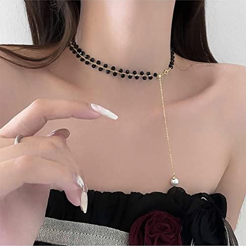 【並行輸入品】Jumwrit ブラックビーズネックレス レイヤードチョーカーネックレス ロングゴールド 小さなチェーンネックレス パールペンダンの画像