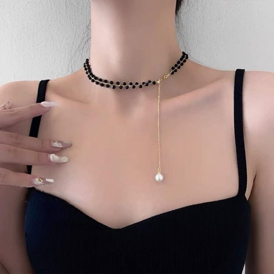 【並行輸入品】Jumwrit ブラックビーズネックレス レイヤードチョーカーネックレス ロングゴールド 小さなチェーンネックレス パールペンダンの画像