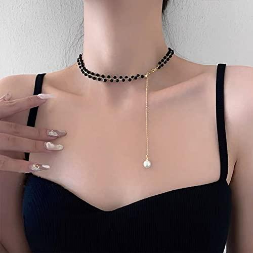 【並行輸入品】Jumwrit ブラックビーズネックレス レイヤードチョーカーネックレス ロングゴールド 小さなチェーンネックレス パールペンダンの画像
