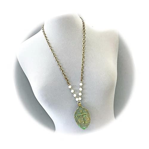 【並行輸入品】New Gold Chain Patina Color Cross Spoon FAITH Engraved Pearl Lon_1