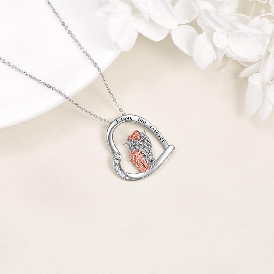 YAFEINI ハイランド牛ネックレス 925スターリングシルバー 母 子供 牛 