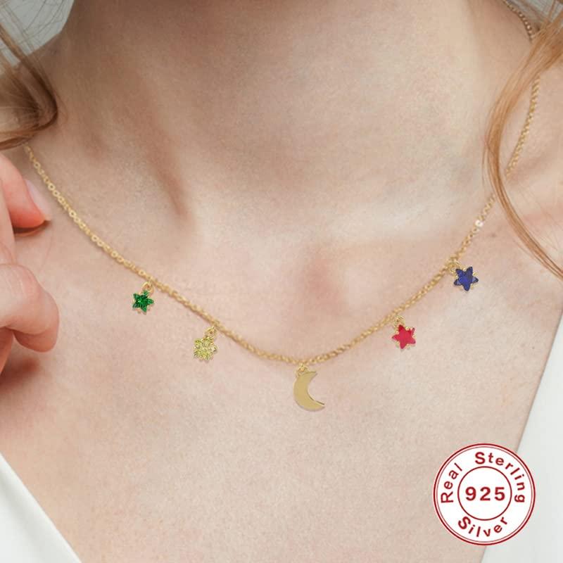 【並行輸入品】カラーダイヤモンドスタームーンリアル 925 スターリングシルバーネックレス女性ジュエリーエナメル蝶ファンシーチェーンチョーカーネの画像