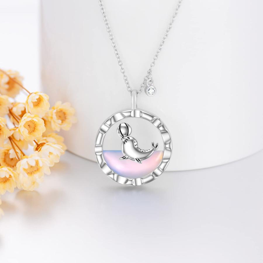【並行輸入品】PORTCAS かわいいイルカ/アザラシ ムーンストーン 925スターリングシルバー ネックレス レディース 美しいペンダントジュの画像