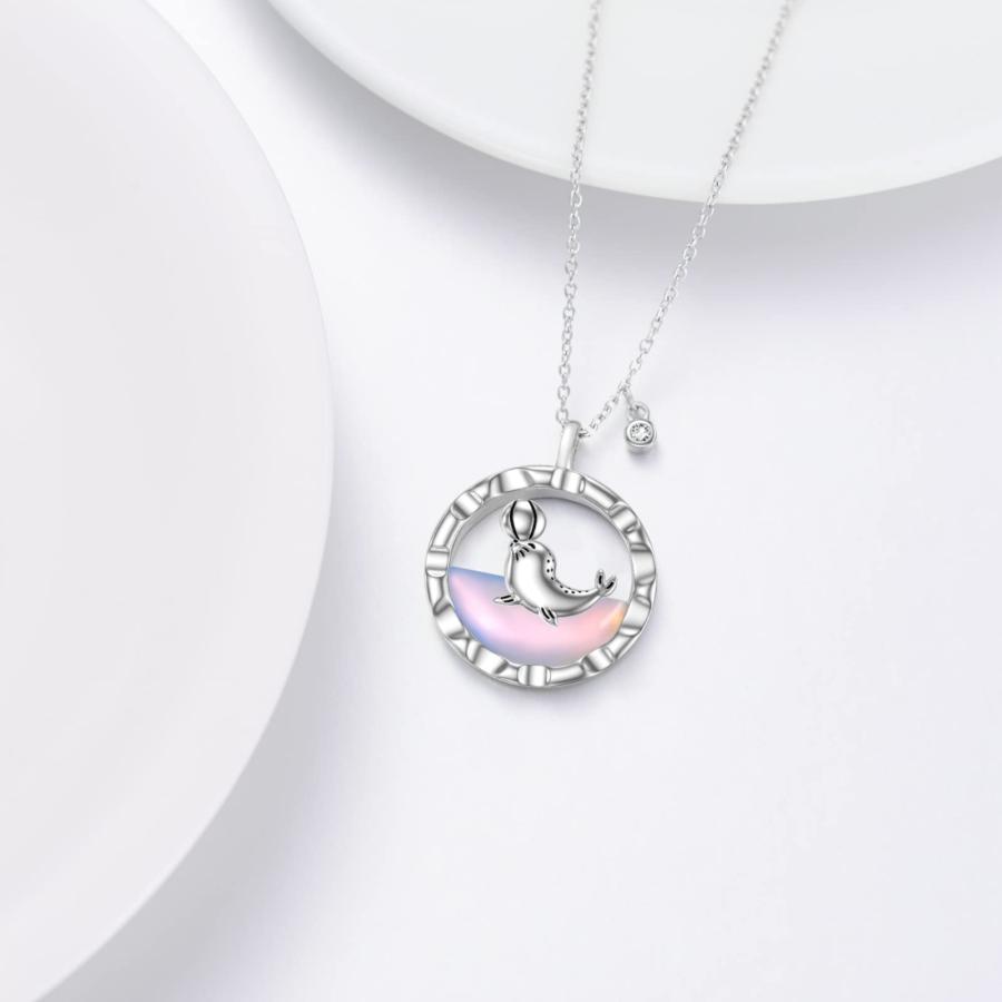 【並行輸入品】PORTCAS かわいいイルカ/アザラシ ムーンストーン 925スターリングシルバー ネックレス レディース 美しいペンダントジュの画像