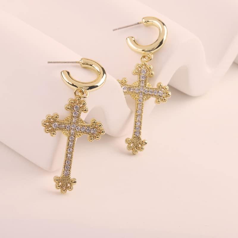 【並行輸入品】繊細な女性用14Kゴールドクロスイヤリング、モアッサナイトクロスイヤリングスタッドイヤリング、祈りのスタッドイヤリング、ファッショの画像