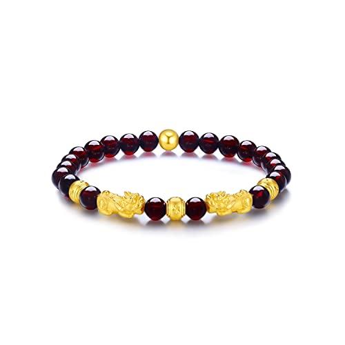 【並行輸入品】[ZHOU LIU FU] 24K ソリッドゴールド ブレスレット レディース 24金ジュエリー フォーチュン貔貅ビーズ ガーネッの画像