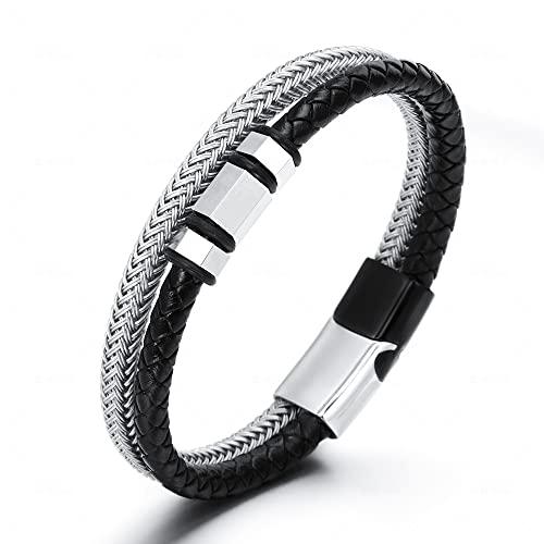 【並行輸入品】Panifio メンズ ブレスレット 編み込みレザーとステンレススチールブレスレット バングル リストバンド ファッションアクセサの画像